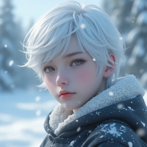 Masterpiece, best quality, 8k, highest quality, best graphic, beautiful eye, beautiful lip, beautiful background, boy in 10s, white hair, snow flakes 