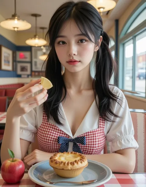 ( Super cute busty Korean female announcer is eating delicious apple pie in the diner:1.2)(Grinning,smile:1.1)(Beautiful Sweat:1.1)(16k,  RAW photos ,  top quality,  Masterpiece: 1.2),(Glossy black hair with cute twin tails)  Super Detail,  Super Resolutio...