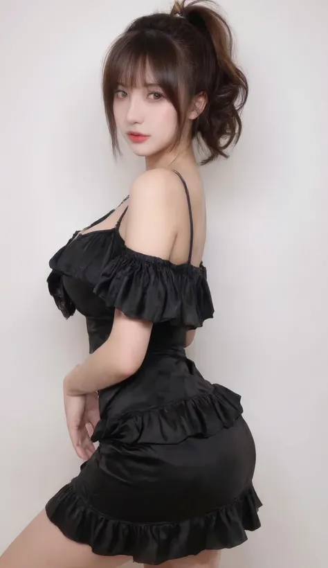 Photo of a beautiful Japanese woman wearing a seductive black off-the-shoulder top with a cute hairstyle against a plain white background, shoulder-length, wavy brown hair in a ponytail
, high-quality upper body shot --ar 1:2 --stylize 750 --v 6.1,straight...