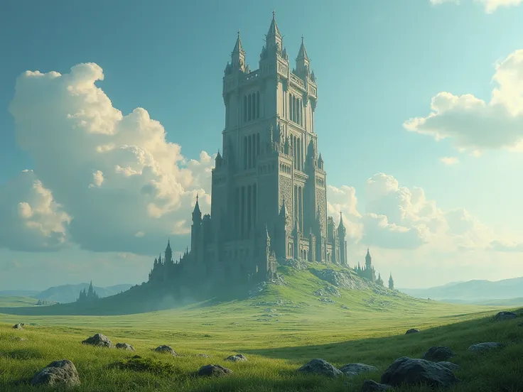 Huge fantasy wizard tower, view from ground, surrounded by plains of grass