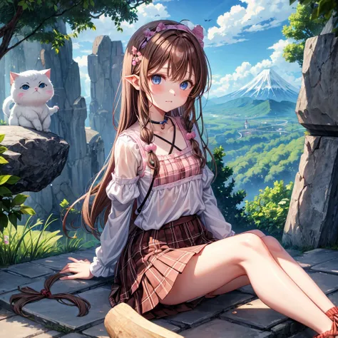 pink brown brown hair、 blue eyes、 with hair tied、Two cute、 Plaid Mini Skirt、 BLACK T-SHIRT、 light clothing、 One Piece、 camisole with green leaves、 high socks 、Teeth are visible、The stone is cracked、 the road is crooked、Mountain々、diagonal、 monsters、fog、 Aur...