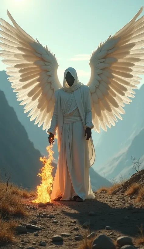  Angel jibril A man with his 2 very large wings  , white robe , faceless  ,  stands on a mountain hill while laying fire in his hands to the ground , background of a mountain hill  ,  realistic 