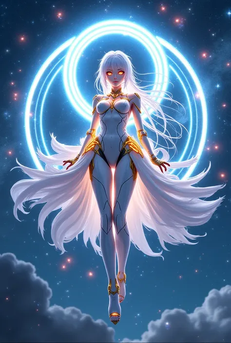 A Masterpiece In 32K Resolution, Supreme Quality, Super Detail, Official Art, Very High-Resolution 32K Wallpaper, Beautiful And Aesthetic, Ultra-Detailed Features, Awe-Inspiring Detail. A Majestic Anime Cyber Goddess Floating In Space, Surrounded By A Halo...