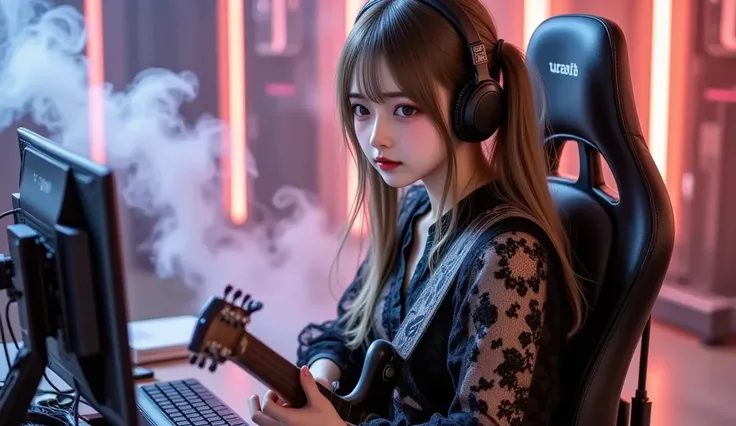 ( Masterpiece、 top quality:1.2)、 Overdoze style cyberpunk illustration featuring dark tones and strong contrasts。 A young Japanese woman wears headphones 、 sits in a gaming chair and plays an electric guitar 。 There is a microphone and computer desk in fro...