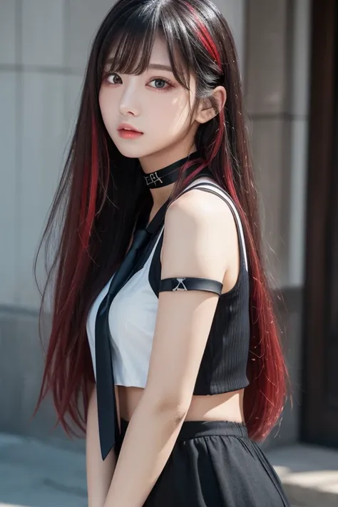  top quality ,  detailed information,  Color Difference,  1 girl,  long hair,  black hair,  messy hair, red highlights,  Hair,  red eyes, Sharp Eye,  choker ,, ,  their four ,  turn my arms around my back , Tie your arms,  