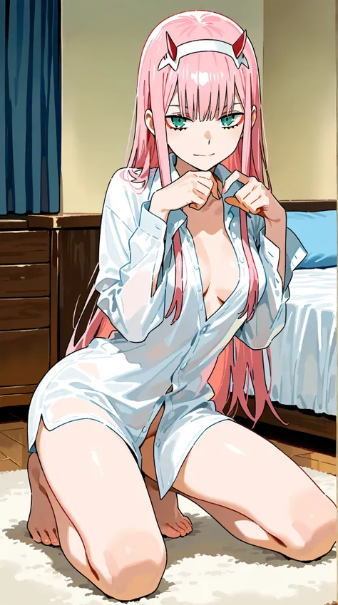 Zero two | darling in the franxx, naked, long white shirt, full body, room, sexy pose, closed mouth, look at viewer,