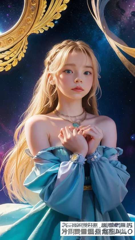 Emma Myers,  absurd,  top quality, 1 girl, Alone,  bright blonde ,  necklace, (simple space background), ( Alphonse Mucha style poster),  watches viewers, Intense Perspectives , Playing with the camera, （ mid-length bangs、Egyptian Goddess、 long hair with b...