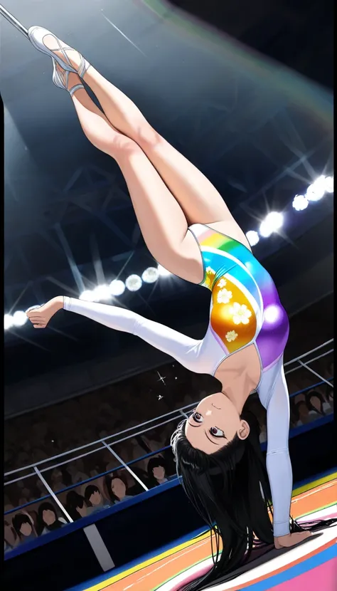 ( beautiful girl  : 1.3), in the seat,(Gymnast ics leotard, Floral print leotard,Long sleeve leotard with glitter decoration,expensive_leg leotard,  athletic leotard ,  tight leotard ,  rainbow gradation leotard,pubic hair), black hair, long hair,anger, ab...