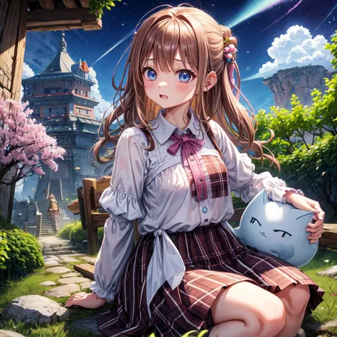 pink brown brown hair、 blue eyes、 with hair tied、Two cute、 Plaid Mini Skirt、 BLACK T-SHIRT、 light clothing、 One Piece、 camisole with green leaves、 high socks 、Teeth are visible、The stone is cracked、 the road is crooked、Mountain々、diagonal、 monsters、fog、 Aur...