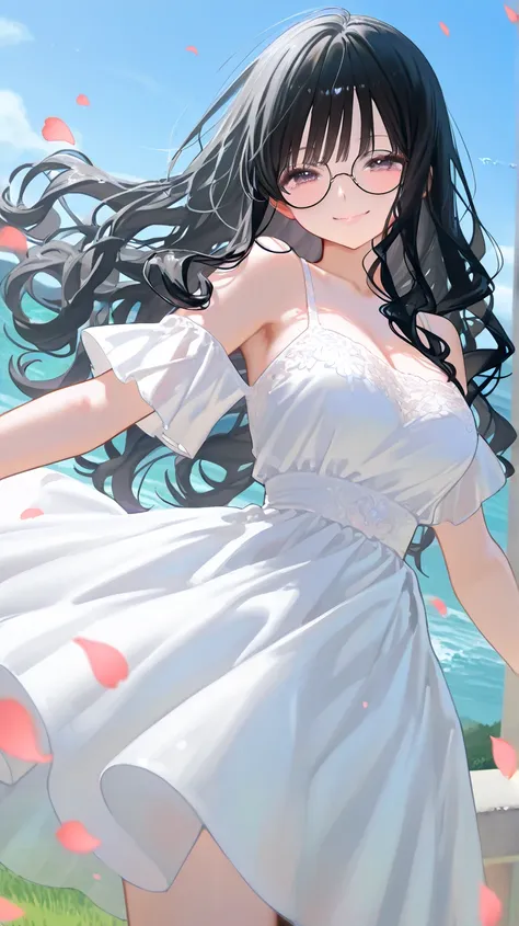 Round Glasses、 long black hair、 wavy hair、 white dress、smile、Petals fluttering、 on top of the hill、sea、 wind blows、 spread your arms