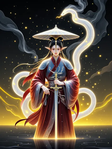 Chinese style, ancient battlefield, an ancient Chinese female general, holding a sword in her hand, grim expression, full body, amazing facial features, red robe, armor, boots, yellow sand in the sky, firelight, game model, stunning lighting, OC rendering,...