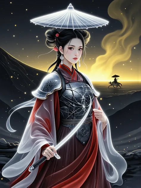 Chinese style, ancient battlefield, an ancient Chinese female general, holding a sword in her hand, grim expression, full body, amazing facial features, red robe, armor, boots, yellow sand in the sky, firelight, game model, stunning lighting, OC rendering,...