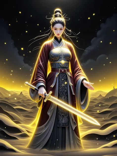 Chinese style, ancient battlefield, an ancient Chinese female general, holding a sword in her hand, grim expression, full body, amazing facial features, red robe, armor, boots, yellow sand in the sky, firelight, game model, stunning lighting, OC rendering,...