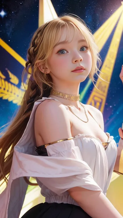 Emma Myers,  absurd,  top quality, 1 girl, Alone,  bright blonde ,  necklace, (simple space background), ( Alphonse Mucha style poster),  watches viewers, Intense Perspectives , Playing with the camera, （ mid-length bangs、Egyptian Goddess、 long hair with b...