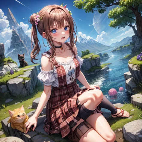 pink brown brown hair、 blue eyes、 with hair tied、Two cute、 Plaid Mini Skirt、 BLACK T-SHIRT、 light clothing、 One Piece、 camisole with green leaves、 high socks 、Teeth are visible、The stone is cracked、 the road is crooked、Mountain々、diagonal、 monsters、fog、 Aur...