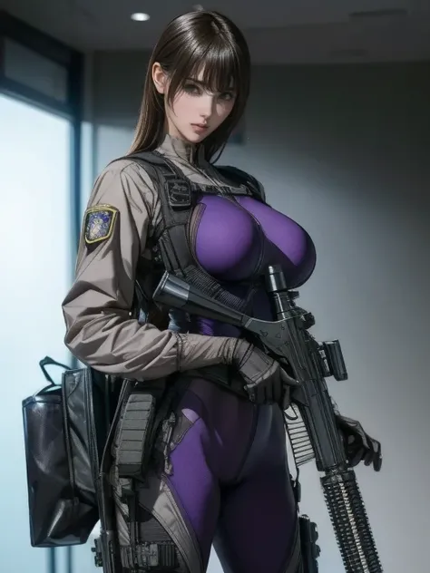  best image quality、Amazing Details、 super high resolution、（ realism：1.4）、（（close：0.75））、One woman is very condensed、 beautiful delicate face、 Expiration Ratio、 Narrow Down the Target Group 、 big breasts）、 Hair、（Violet Tech Suit）、（Cyborg vs. police uniform...