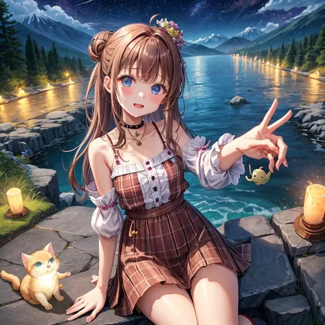 pink brown brown hair、 blue eyes、 with hair tied、Two cute、 Plaid Mini Skirt、 BLACK T-SHIRT、 light clothing、 One Piece、 camisole with green leaves、 high socks 、Teeth are visible、The stone is cracked、 the road is crooked、Mountain々、diagonal、 monsters、fog、 Aur...