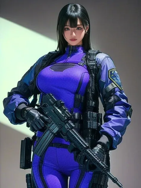  best image quality、Amazing Details、 super high resolution、（ realism：1.4）、（（close：0.75））、One woman is very condensed、 beautiful delicate face、 Expiration Ratio、 Narrow Down the Target Group 、 big breasts）、 Hair、（Violet Tech Suit）、（Cyborg vs. police uniform...