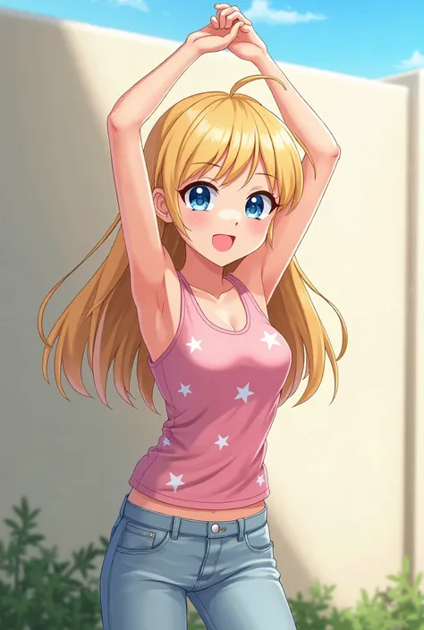 pretty anime girl in pink tank top with small white star patterns, tucked-in, jeans, long blonde hair & blue eyes, happy, next to a wall, outdoors, raising arms, arms raised up very high, exposed armpits, arms raised very high, from left side, showing off ...