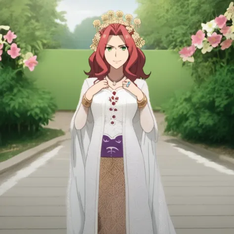 score_9, score_8_up, score_7_up, masterpiece, best quality, source_anime, anime screencrap, BREAK 1girl, Malty Melromarc, red hair, long hair, large breasts, green eyes, solo, kebaya wedding dress, (crown), looking at viewer, flower, smile, hair ornament, ...