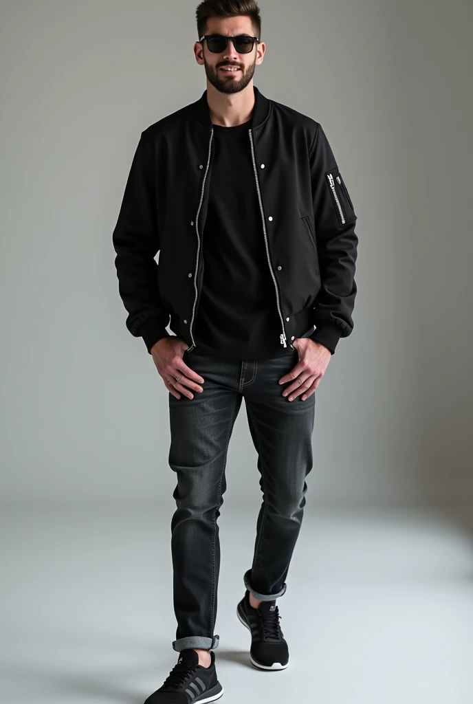   Man with lenses wearing jeans with black Adidas running shoes, black shirt a black bomber jacket made of normal fabric, No Leather 