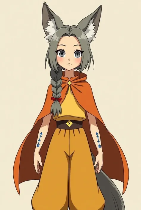  A medium-sized girl with ash fox ears and a fox tail.  On her shoulders She is dressed in a yellow shirt and wide yellow breeches ,  extended to the knees .  Orange cape . on the hands, , the girl has blue arrow tattoos .  grey eyes .  ash-colored hair , ...