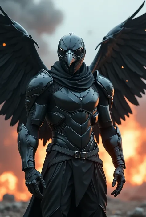 #quality(8k wallpaper, hyper-realistic, masterpiece, RAW photo, highly detailed), BREAK,  
((solo)) #1man(full-face helmet with crow beak:2.0, bionic black armor, crow-motif wings:1.8, dynamic pose), BREAK,  
#background(chaotic explosions, dark smoke, sim...