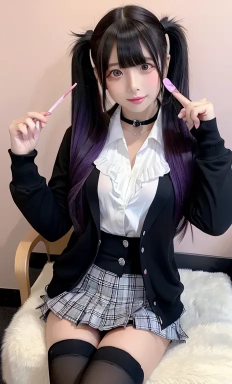 (( magic high school junior ))、 in the seat、Transparent muscle、Shiny Hair、( twin tails)、 black hair、Purple Hair、 gradient hair、 super long hair 、 Princess Cut、Skinfang、Jitome、 Green Eye、 O Ring Choker 、x hair accessory、 heart hair ornament 、((Medical eye p...