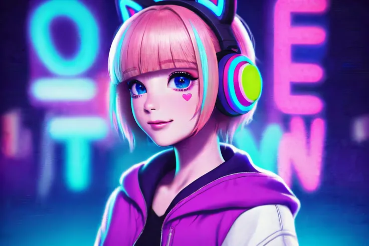  neon　Town　 headphones　 girl