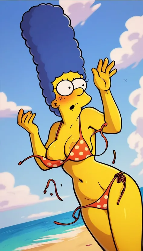 m_s, 1girl, yellow skin, long lashes, long nose, blue hair, tall beehive hairstyle, round eyes with black pupils, black eyes, red pearl necklacel malfunction, bikini, accidental exposure, untied bikini, strap break, bursting breasts, breast slip, navel, su...