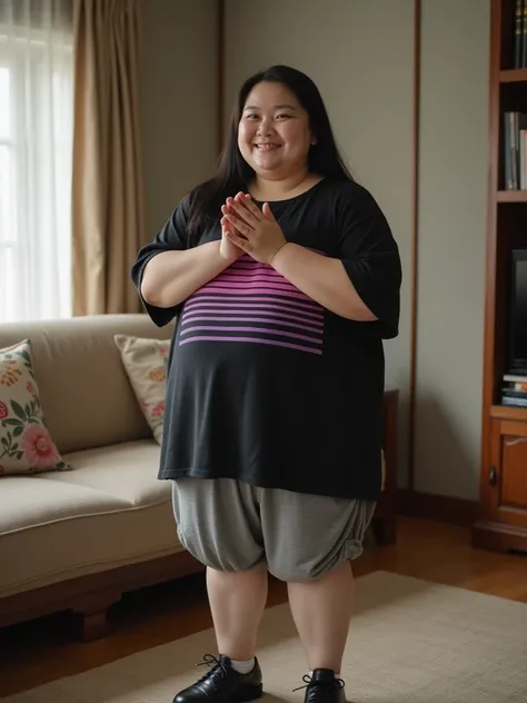 Very morbidly obese Korean woman of 1 . 63 meters tall 38 years old , delicate skin without makeup ,  very straight black hair very long jet-black ,He's wearing a very long black sleeveless cotton t-shirt,  all printed with horizontal pink and purple strip...