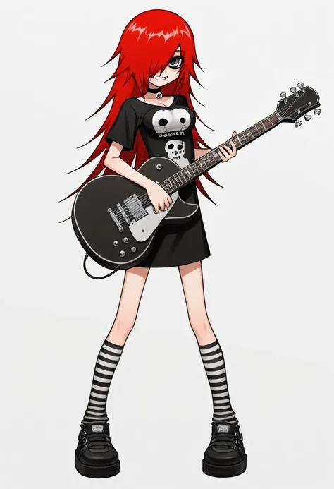 1girl, , solo, best quality, masterpiece, round breasts, score_9, score_8_up, score_7_up, score_6_up, score_5_up, score_4_up, 2000s emo, long hair, full body, hair over one eye, clothed, white background, hair, shirt, humanoid, choker, female, striped sock...