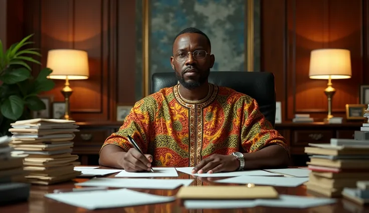 "A bright expensive office room where Chike is an African Nigerian Man in his late 40s wearing Ankara sits alone at his expensive desk, facing camera. The room is cluttered with business documents."
