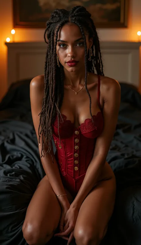 ((Masterpiece)), ((Ultra-detailed)), (High resolution 8K, RAW), A stunning young woman, 25 years old, with long, deep espresso-brown dreadlocks cascading down her shoulders, adorned with tiny gold rings and delicate red silk threads woven throughout. Her p...