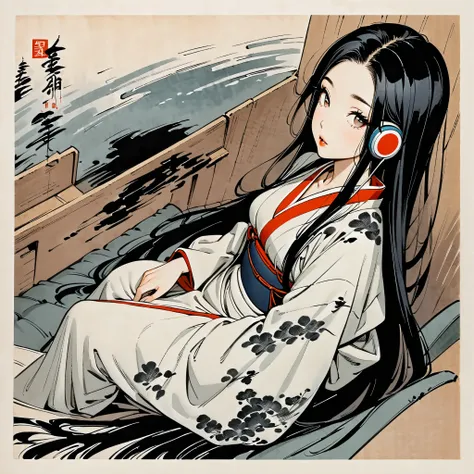 ((( top quality))), (((Hiroshige Utagawa))), (((Ink painting))), (( very straight long hair)), (( in the seat)), ((Japanese headphones)), ((A beautiful girl is wearing tinted sunglasses)),   black hair, Delicate and precise,  modern ukiyo-e style 