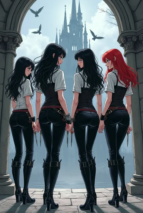 Four manga style girls all dressed in tight black pants, a white shirt with a black bodice,  of black knee-high boots. All four girls have a dagger tied around their thighs, with the colored handle. The first girl has long wavy black hair ,  blue eyes  e o...