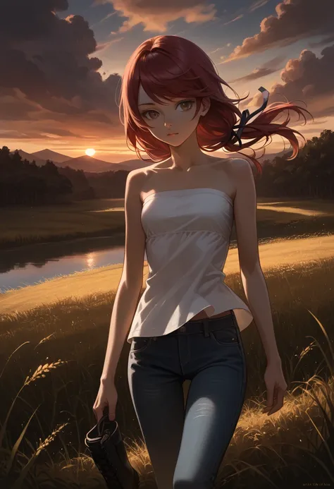 ((Masterpiece, best quality)), JK, intricate details, highly detailed, girl, solo, close up, hair blowing in wind, walking, low twin tails, gray eyes, dark red hair,  (((long swept bangs))), thin, close up, small breasts, slightly toned arms, (((strapless)...