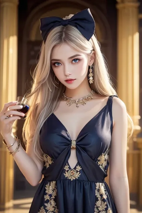  1 girl,  long hair, Light Hair Color,  enchanting eyes,  Mysterious Expressions , Mature Appearance, Attractive dress,  loose fit dress, Elegant Jewelry ,  Intricate Decorations , Magic symbols, Glowing Accessories,  potion , Scroll,  Cute Accents, bow, r...