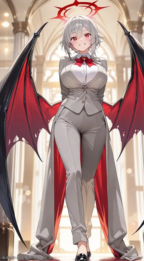 1 girl, short gray hair, very big breasts, gray suit, red eyes, huge bat wings, cute, friendly, smiling, lovely, (best quality, 4k, 8k, high resolution, masterpiece: 1.2), ultra detailed, (Anime, HD Anime), HDR, UHD, studio lighting, ultra fine painting, s...