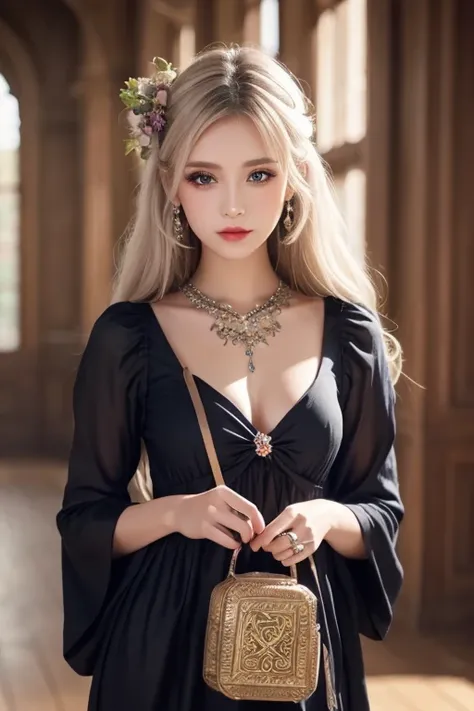  1 girl,  long hair, Light Hair Color,  enchanting eyes,  Mysterious Expressions , Mature Appearance, Attractive dress,  loose fit dress, Elegant Jewelry ,  Intricate Decorations , Magic symbols, Glowing Accessories,  potion , Scroll,  Cute Accents, bow, r...