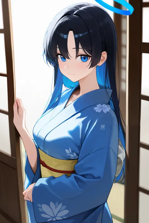 1 girl, Hair length reaches the back, Black hair and blue hair on the edges of the hair, blue eyes, but not bright, wear a kimono suit, หน้าอกไซส์ปานกลาง, have a blue halo