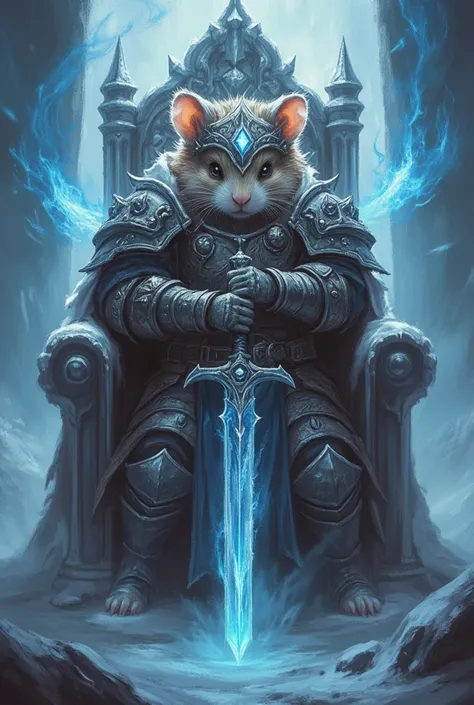 hamster dressed as the lich king from warcraft,  masterpiece,  best quality , Super Detail,an epic,4K,snowy throne ,  wears heavy armor ,  holds a glowing blue sword,frostmourne, In fantasy art style ,  cinematic light ,  ultra-detailed ,  8k resolution .h...