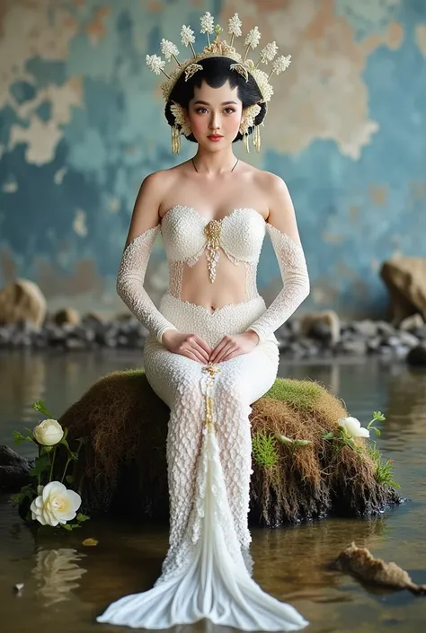 (masterpiece, best quality:1.2), 1girl, Alone, Javanese Traditional, sitting, flower, blur colorful background, white mermaid, white mermaid tail below waistline, sit on rock, full body mermaid, POV,