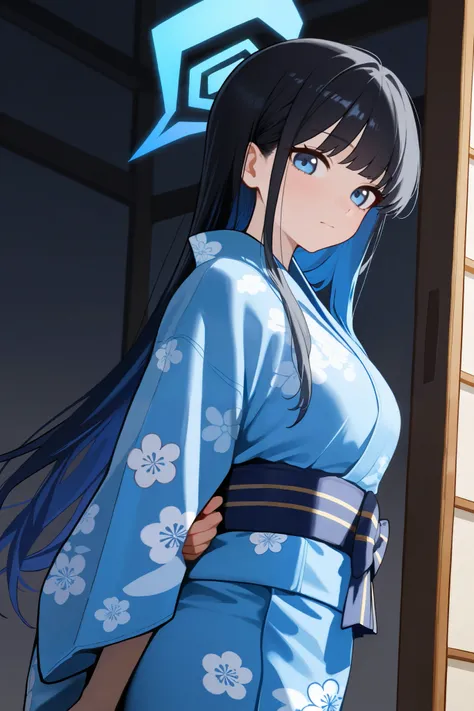 1 girl, Hair length reaches the back, Black hair and blue hair on the edges of the hair, blue eyes, but not bright, wear a kimono suit, หน้าอกไซส์ปานกลาง, have a blue halo