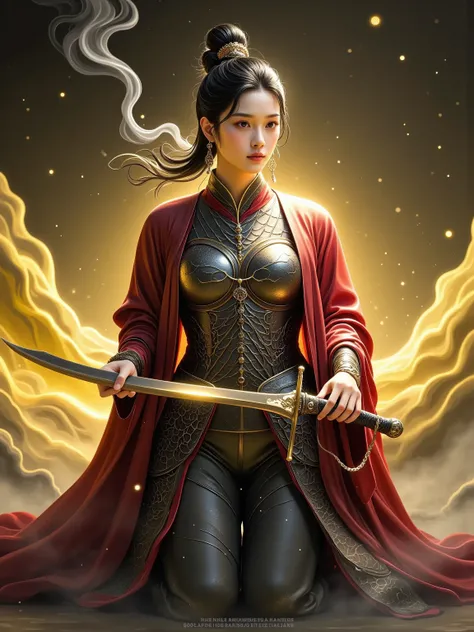 Chinese style, ancient battlefield, an ancient Chinese female general, holding a sword in her hand, grim expression, full body, amazing facial features, red robe, armor, boots, yellow sand in the sky, firelight, game model, stunning lighting, OC rendering,...