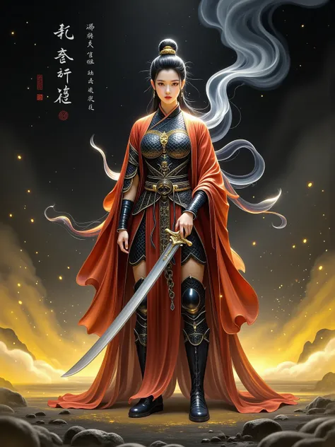 Chinese style, ancient battlefield, an ancient Chinese female general, holding a sword in her hand, grim expression, full body, amazing facial features, red robe, armor, boots, yellow sand in the sky, firelight, game model, stunning lighting, OC rendering,...