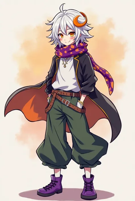 Make me a character with white hair and orange and purple locks a lucky one with the white front with black shirt sleeves with orange green pants purple black with purple shoes a handkerchief wrapped around his neck and orange eyes with a yellowish detaile...