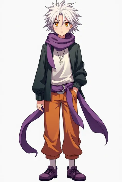 Make me a character with white hair and orange and purple locks a lucky one with the white front with black shirt sleeves with orange green pants purple black with purple shoes a handkerchief wrapped around his neck and orange eyes with a yellowish detaile...