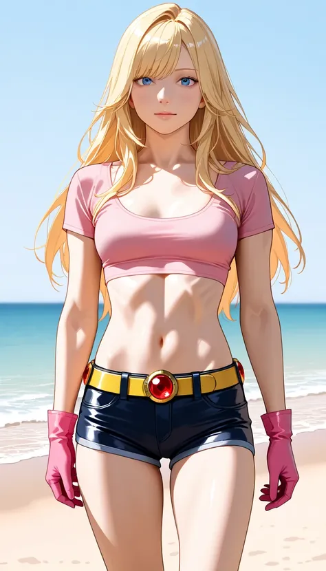 Adult woman, chest length hair, blonde, layered bangs, blue eyes, tall, slim and muscular body, medium chest, pink crop top, tight, scoop neckline, short sleeves, pink gloves, navel, ultra low rise dark blue leather shorts, yellow belt with red jewel round...