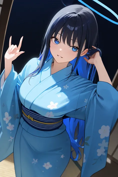 1 girl, Hair length reaches the back, Black hair and blue hair on the edges of the hair, blue eyes, but not bright, wear a kimono suit, หน้าอกไซส์ปานกลาง, have a blue halo